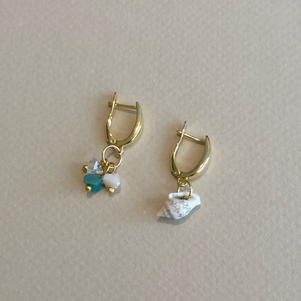 Anthropologie Gold Huggie Earrings with Shell, Turquoise and White Charms